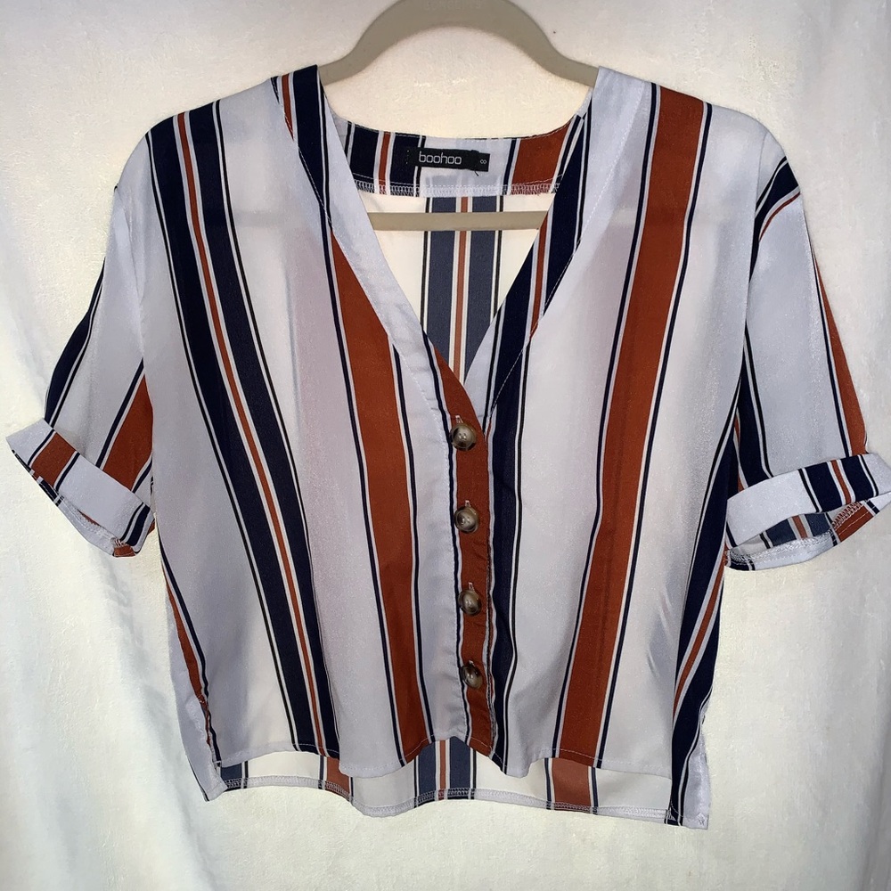 Rust and navy top with buttons